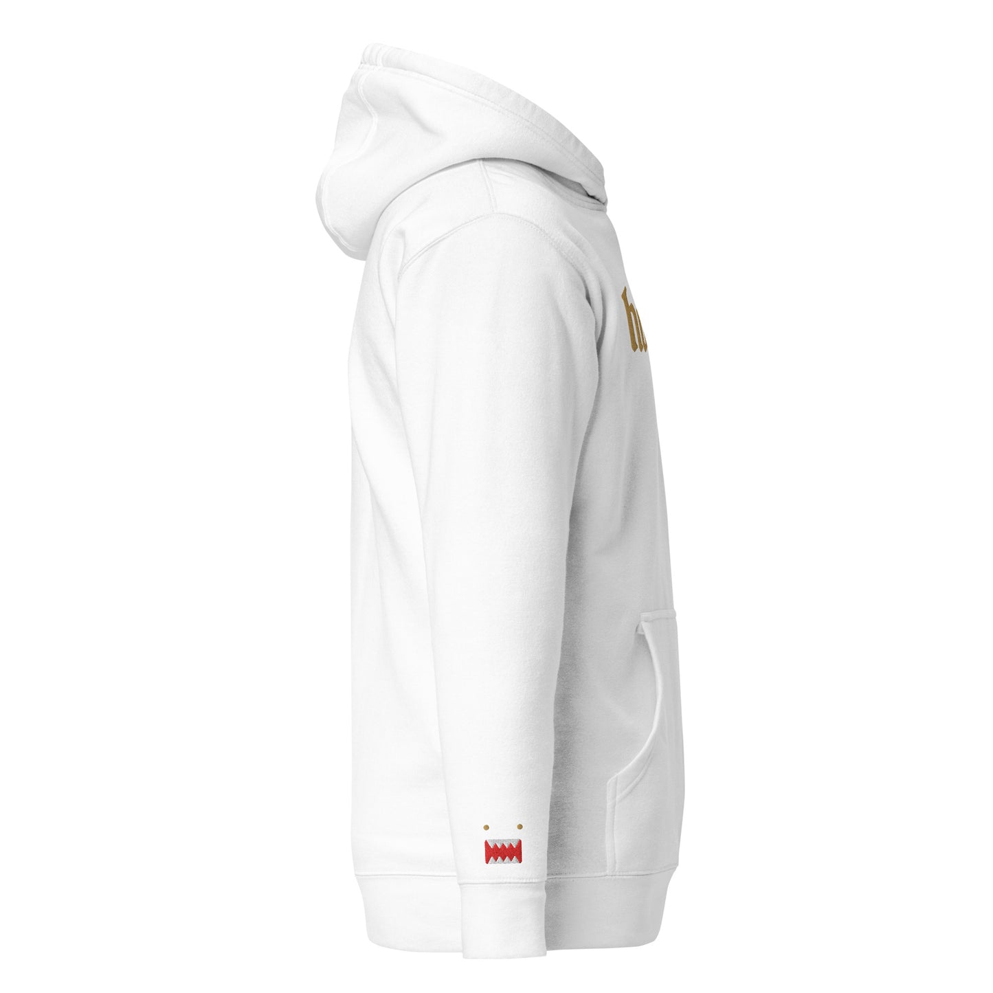 Side profile view of a white hoodie showing the signature small red and white 'Guardian' icon embroidered on the left sleeve.