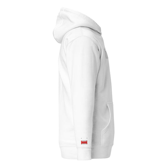 Side profile view of a white hoodie showing the signature small red and white 'Guardian' icon embroidered on the left sleeve.