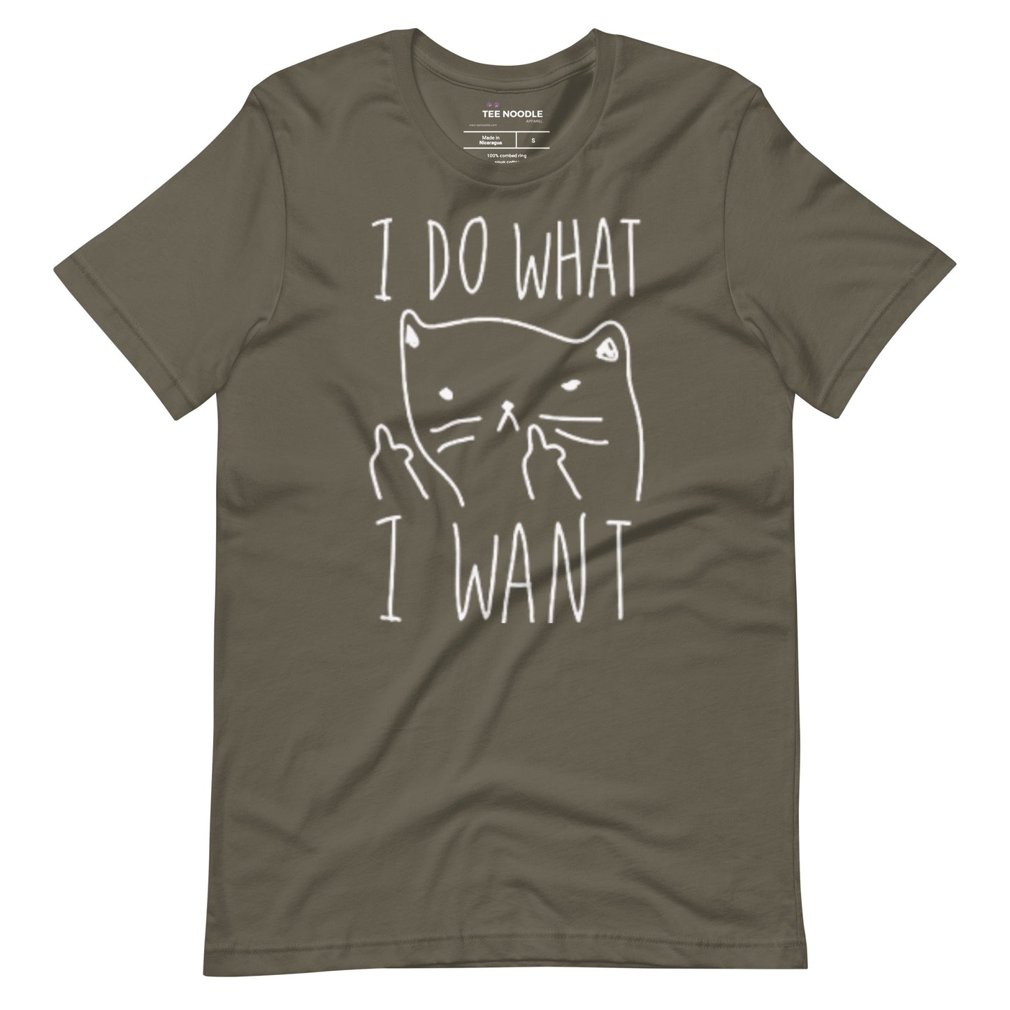 An army men's graphic t-shirt featuring the humorous text 'I Do What I Want' in bold letters surrounding a line drawing of an annoyed cat.