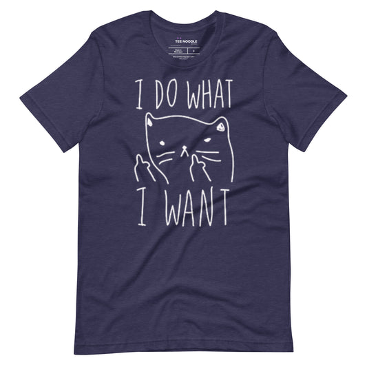 A heather midnight navy men's graphic t-shirt featuring the humorous text 'I Do What I Want' in bold letters surrounding a line drawing of an annoyed cat.