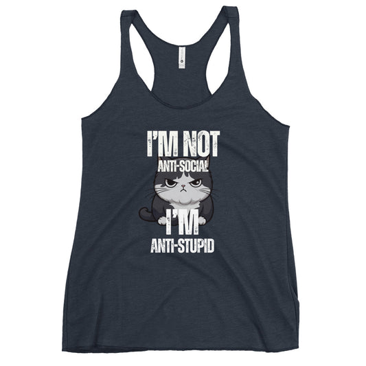 Women's vintage navy racerback tank top with the text "I'M NOT ANTI-SOCIAL I'M ANTI-STUPID" on the front with a graphic of a cute grumpy cat.