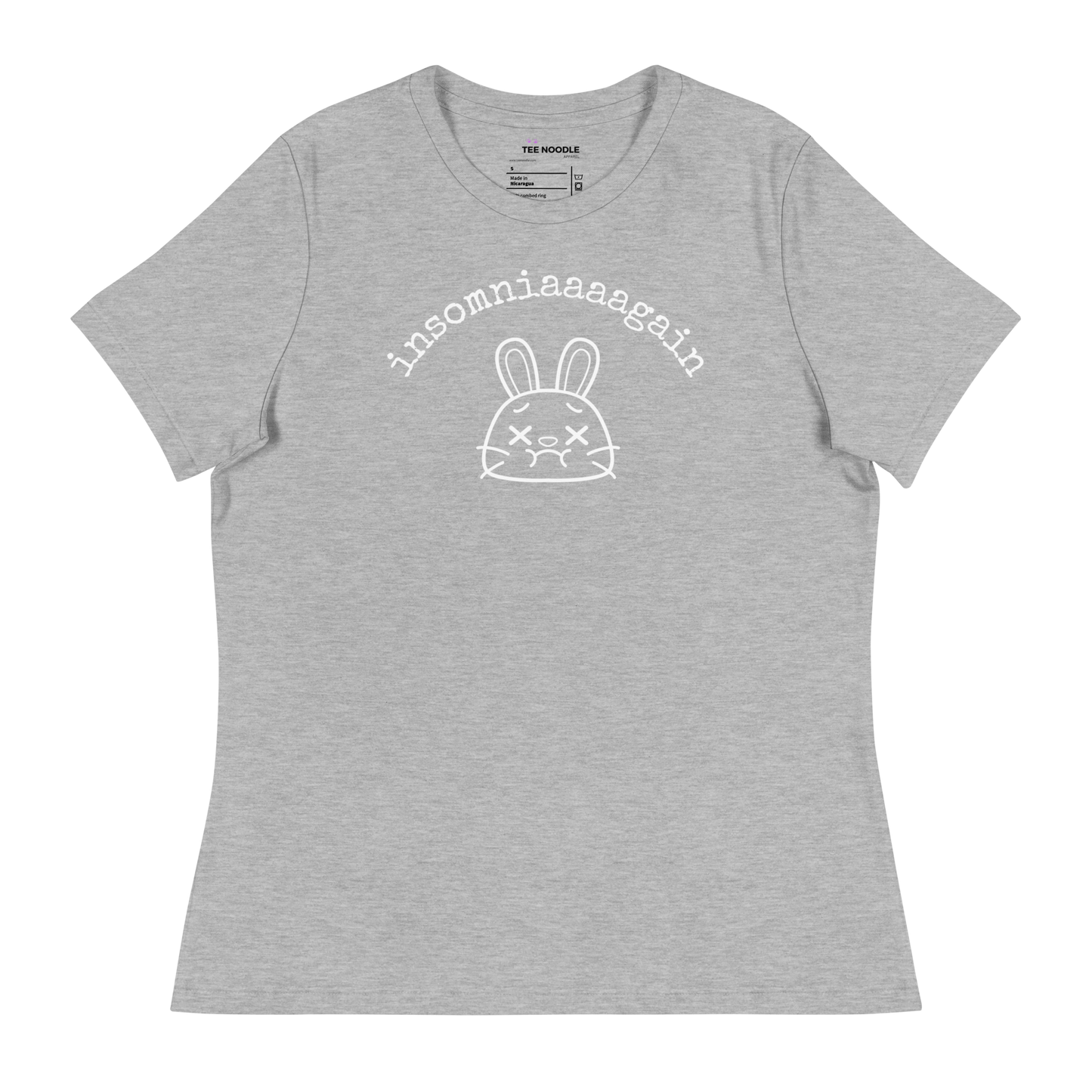 An athletic heather women's relaxed t-shirt featuring a cartoon bunny with tired eyes and the text 'insomniaaaagain'.