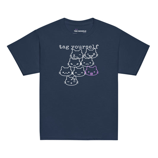 A navy kids t-shirt featuring a 'Tag Yourself' cat mood chart with the quiet cat highlighted.