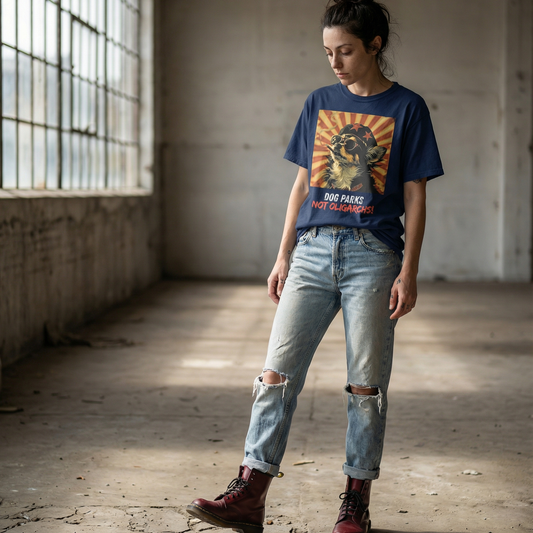 A woman in well worn blue jeans with torn knees wearing cherry Docs, standing in an abandoned warehouse. She is wearing a true navy colored women's t-shirt with a graphic of a Chihuahua wearing sunglasses and a beret against a 50's style propaganda background with bold all-caps text underneath that reads "DOG PARKS NOT OLIGARCHS".