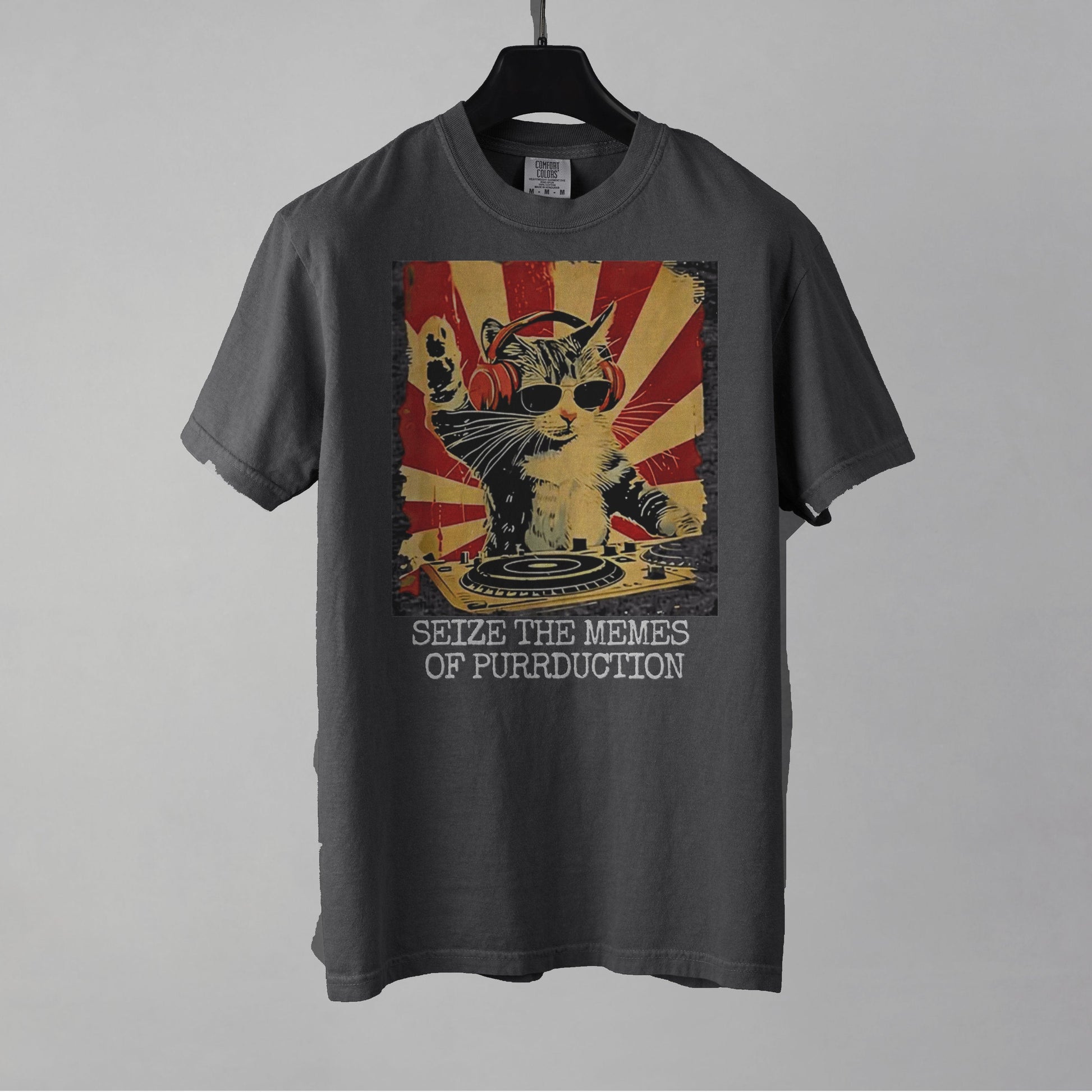 Gray t-shirt with a cat graphic and text on a gray background