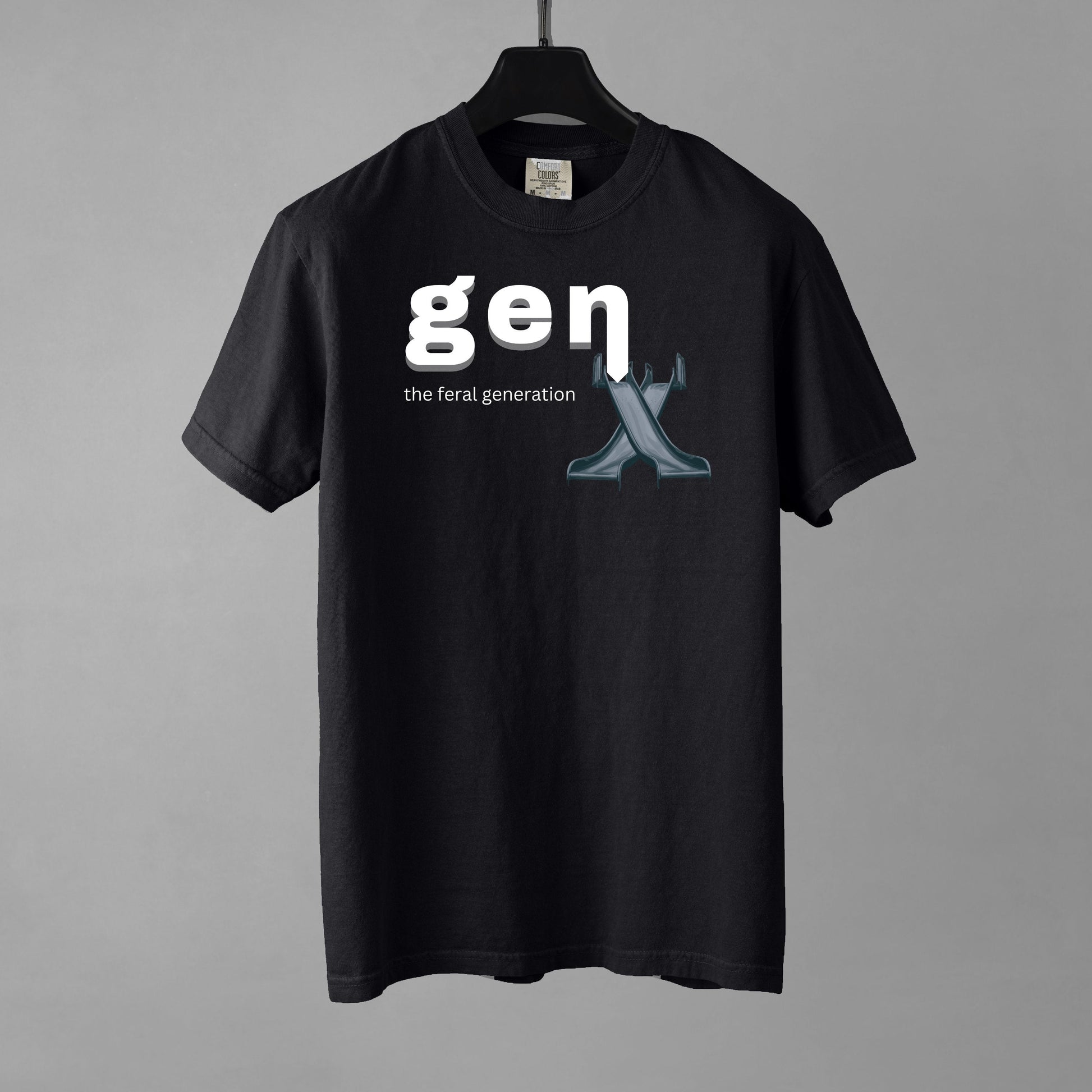 A black t-shirt featuring 'gen x the feral generation' text. The 'x' is formed by two, overlaid 1970's style playground slides. 