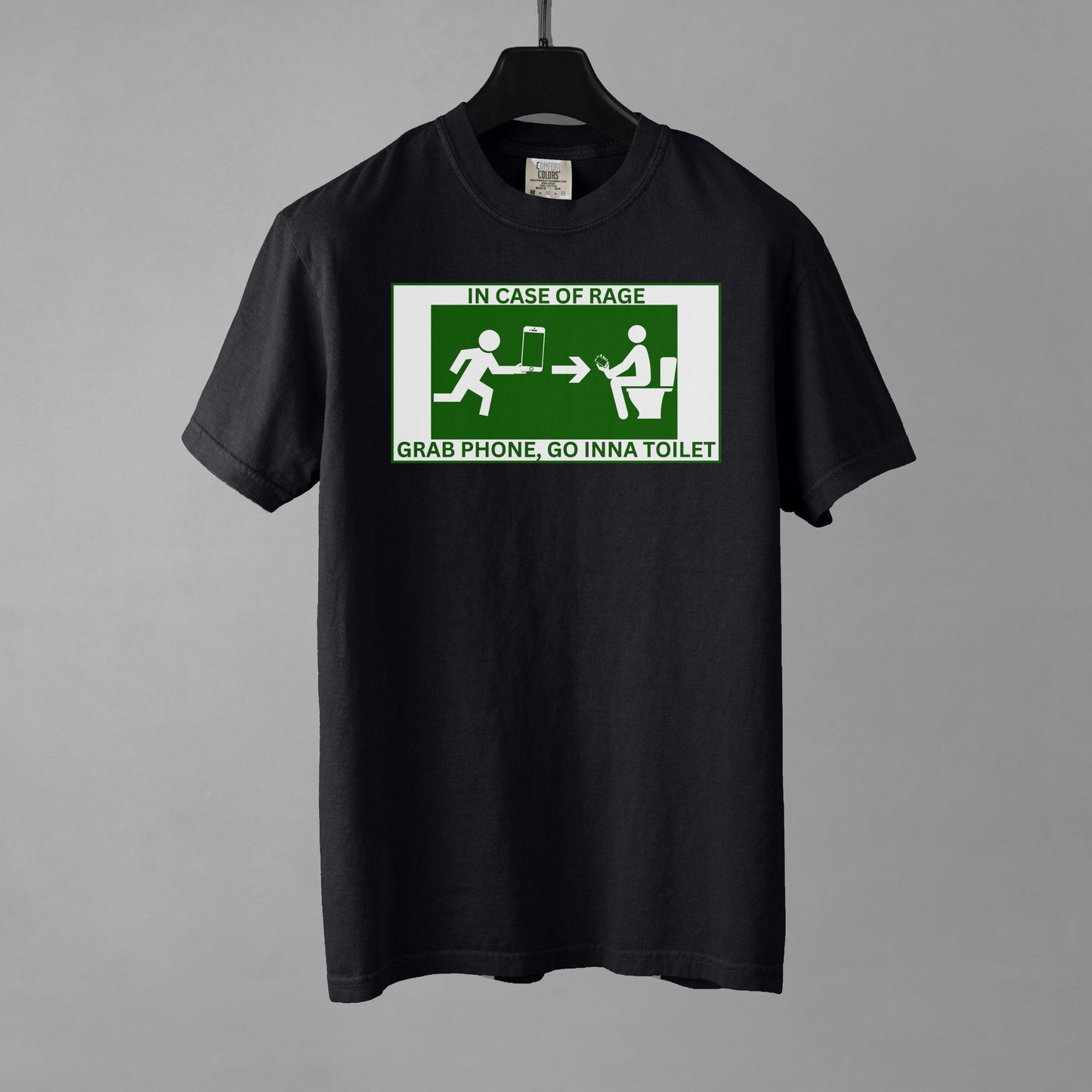 Black t-shirt with a graphic design on a gray background