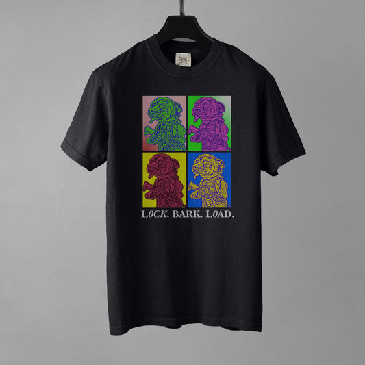 Black t-shirt with colorful graphic design on a gray background