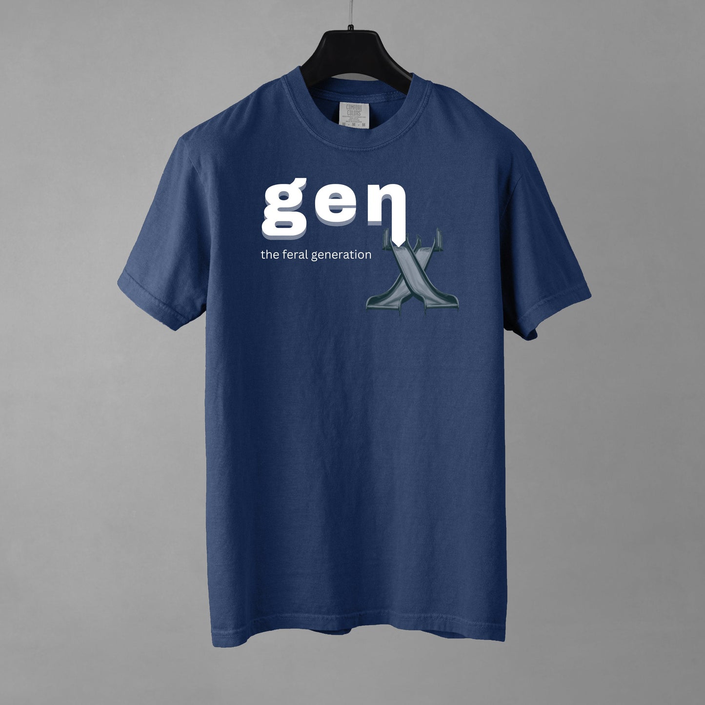 Navy blue t-shirt with 'gen x' text on a gray background