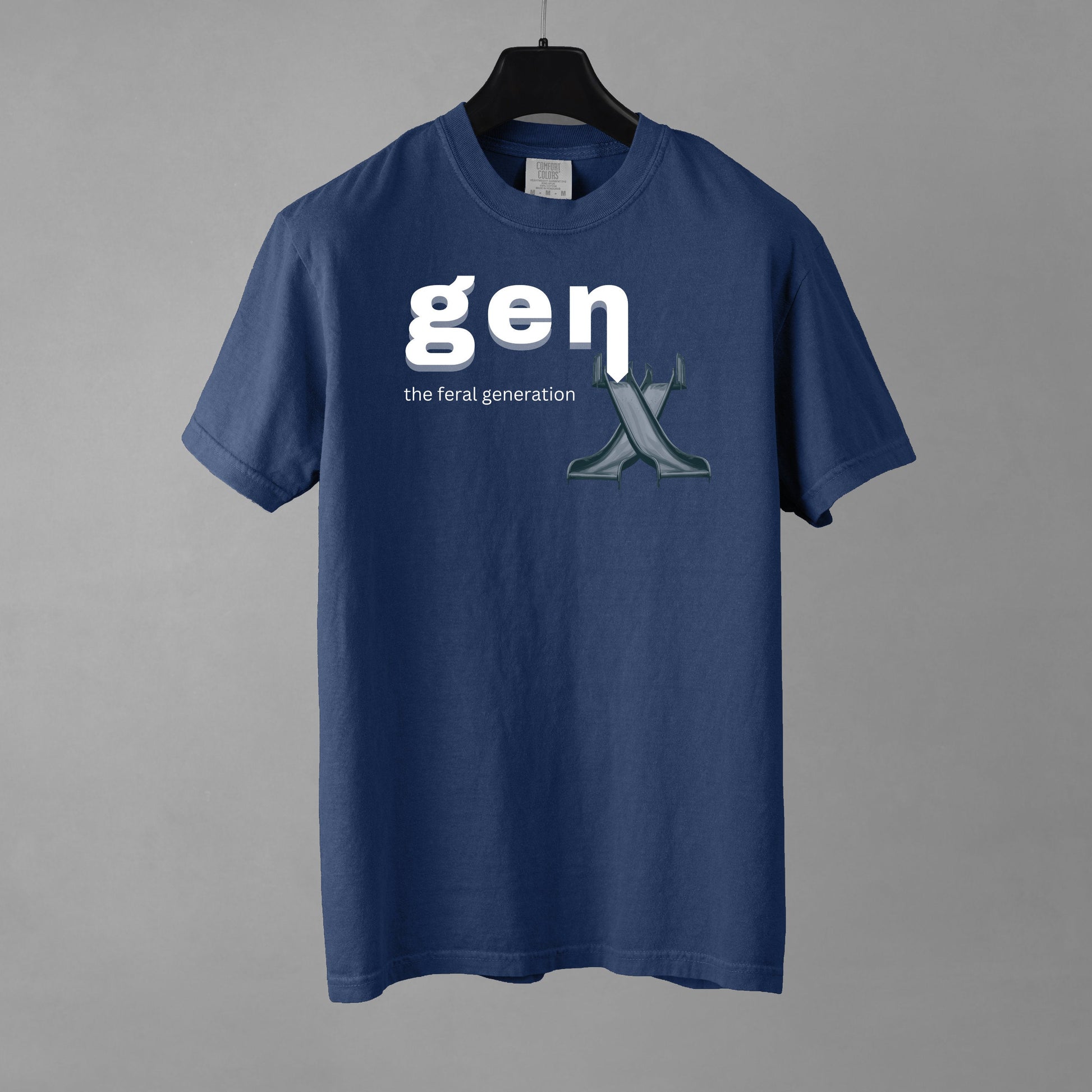 Navy blue t-shirt with 'gen x' text on a gray background