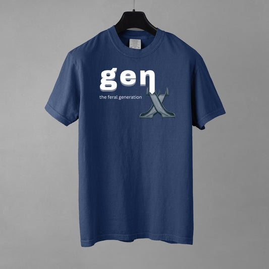 Navy blue t-shirt with 'gen x' text on a gray background