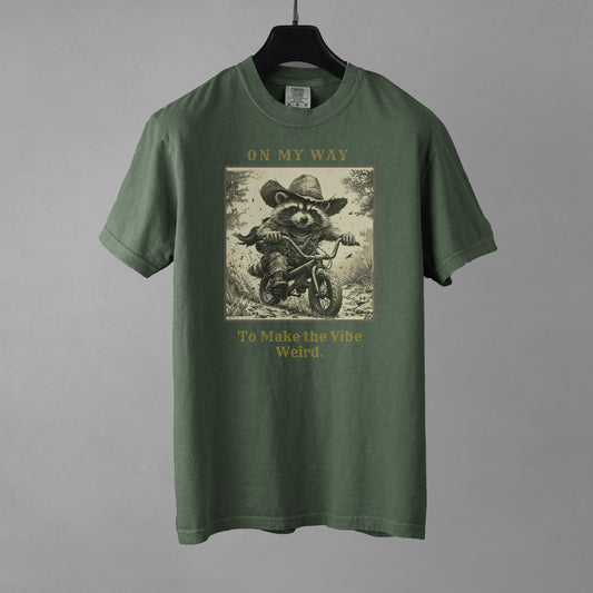 Green t-shirt with graphic design and text on a gray background