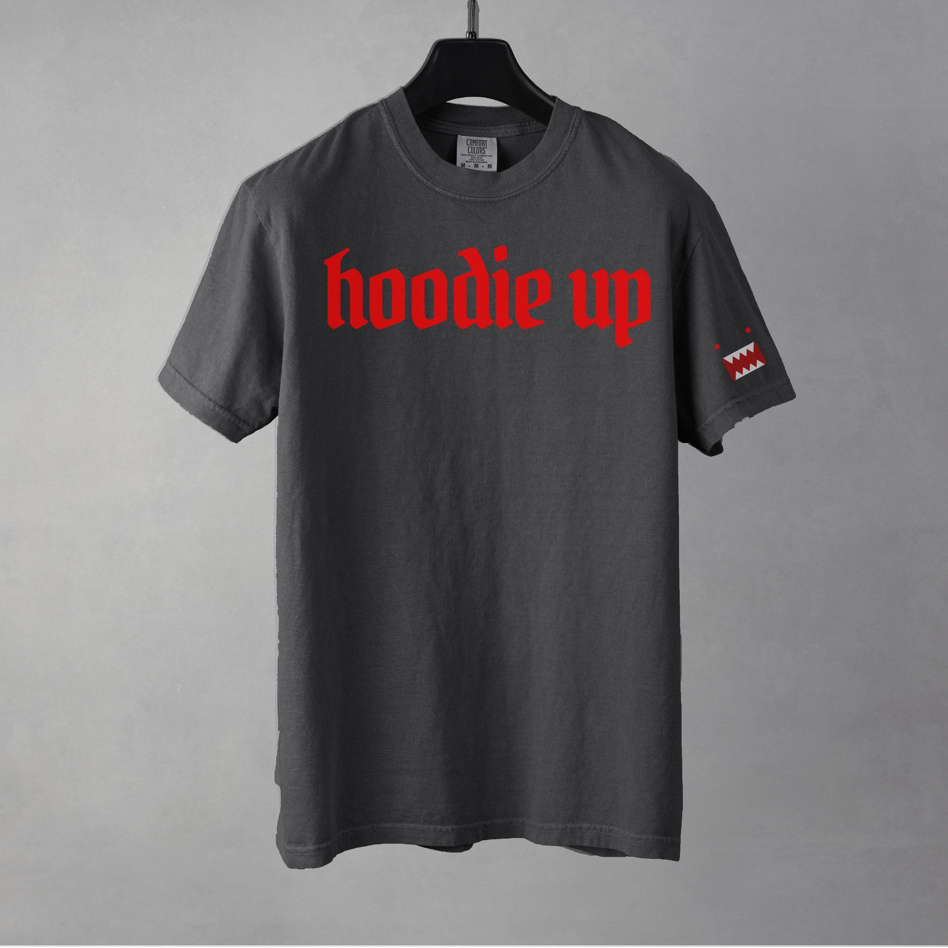 Gray t-shirt with red text 'hoodie up' on a gray background
