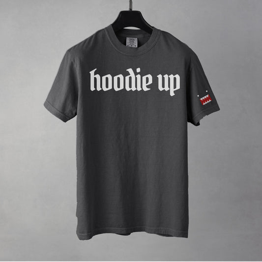 A pepper colored  t-shirt with 'hoodie up' text on a gray background