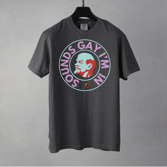 Black t-shirt with graphic design on a gray background