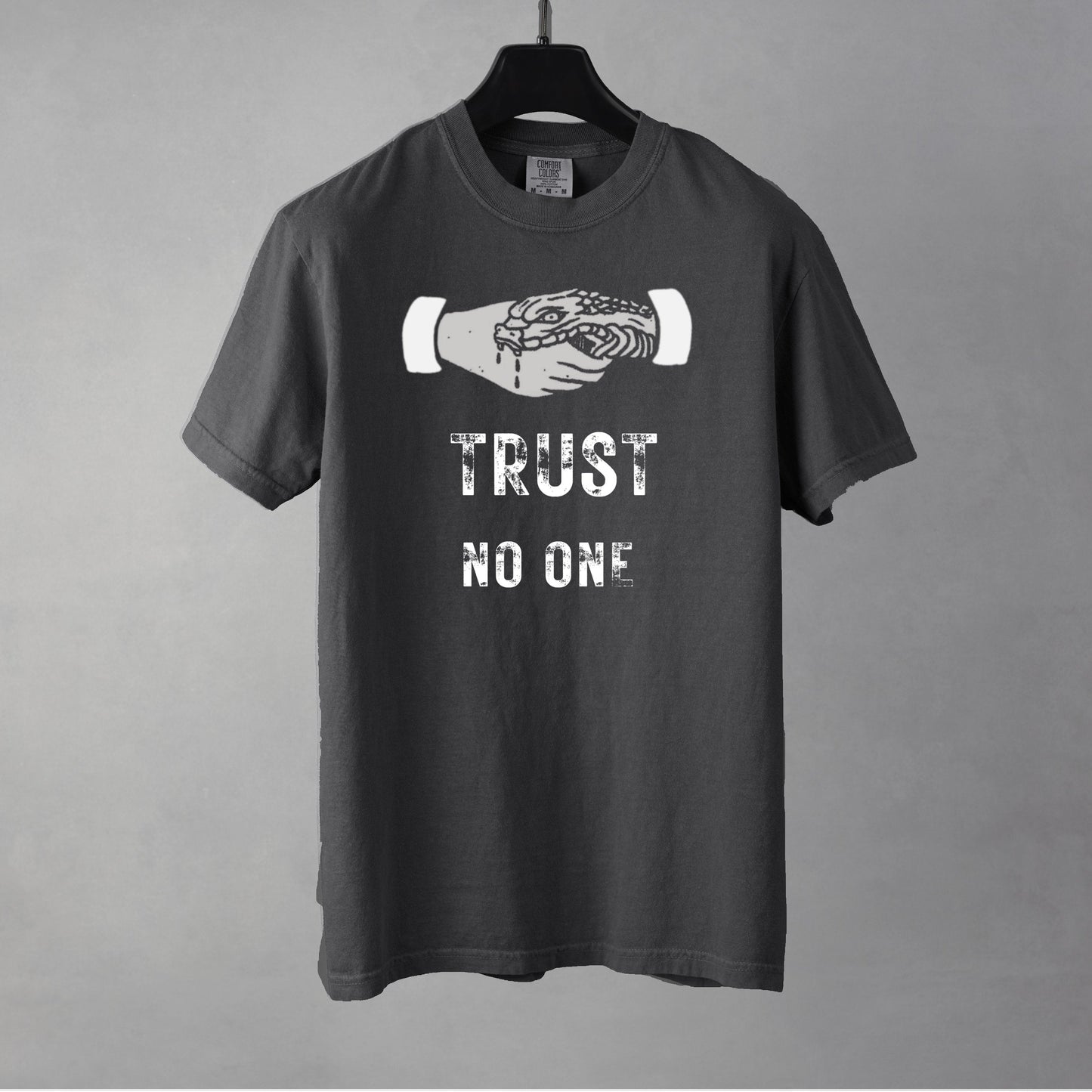 A pepper colored short-sleeve crewneck t-shirt featuring a white graphic of a human hand shaking a snake, positioned above distressed white text that reads 'TRUST NO ONE'.