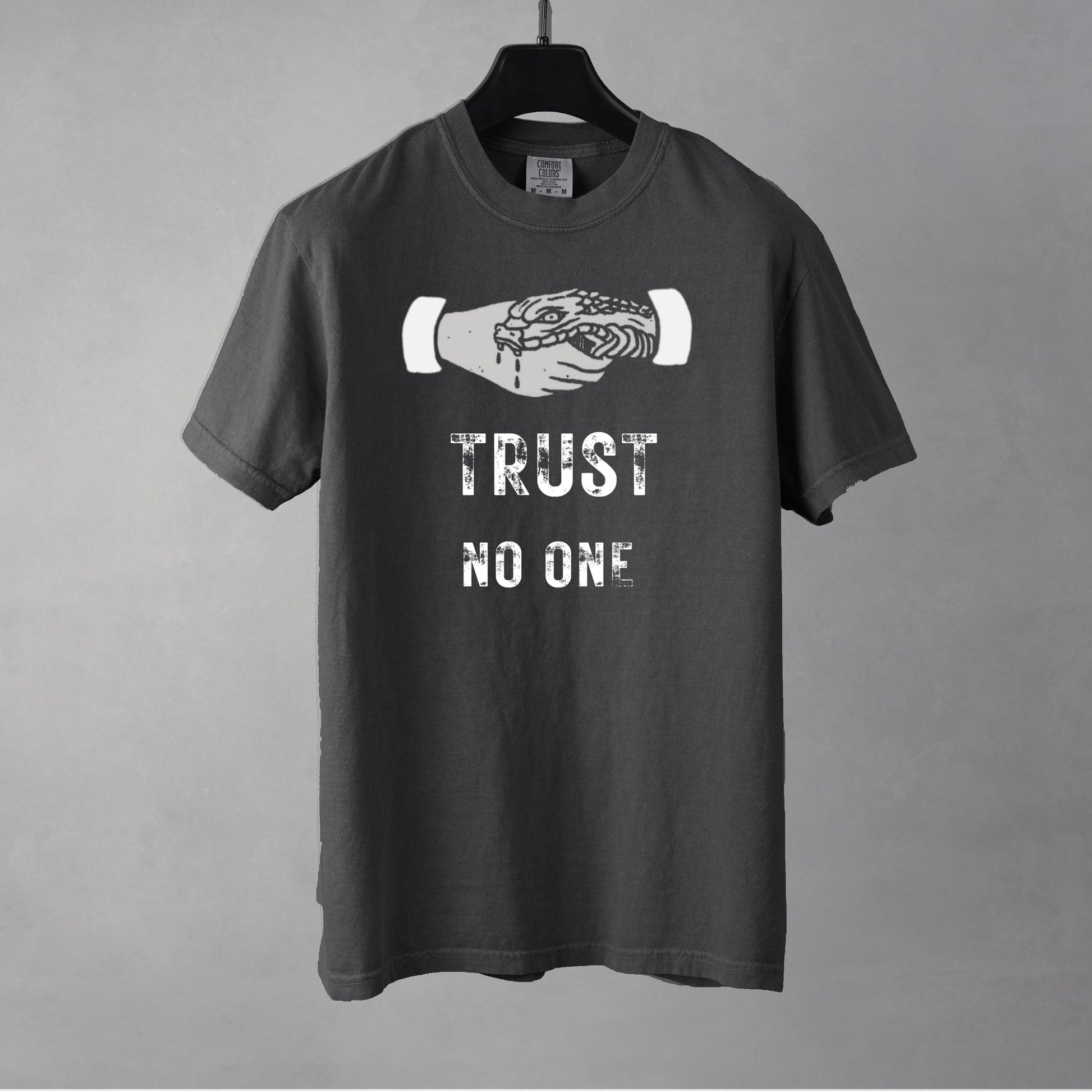 A pepper colored short-sleeve crewneck t-shirt featuring a white graphic of a human hand shaking a snake, positioned above distressed white text that reads 'TRUST NO ONE'.