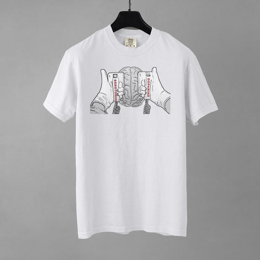 White t-shirt with graphic design on a gray background