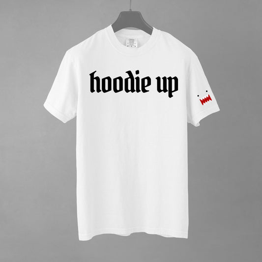 White t-shirt with 'hoodie up' text on a gray background