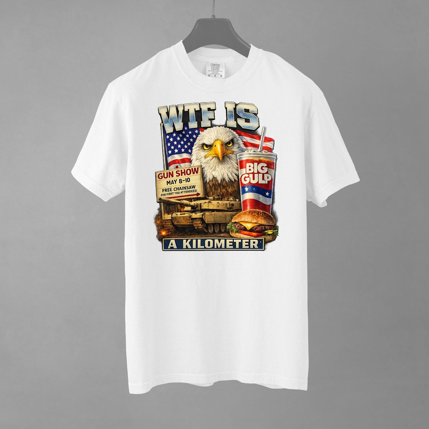 White t-shirt with graphic design featuring an eagle and text on a gray background