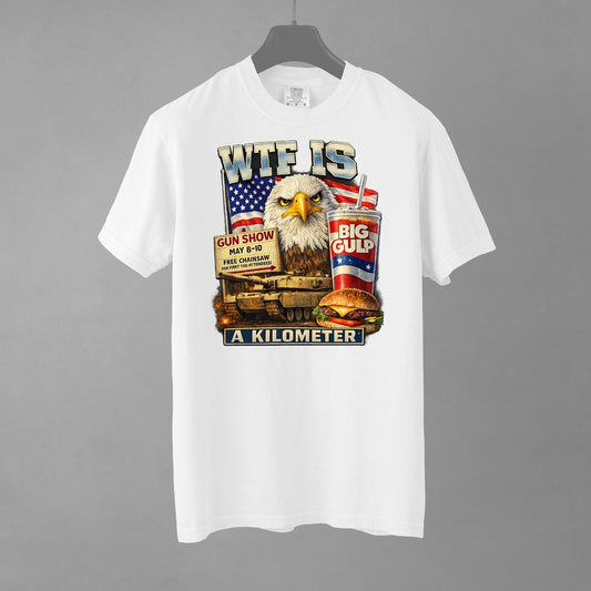 White t-shirt with graphic design featuring an eagle and text on a gray background
