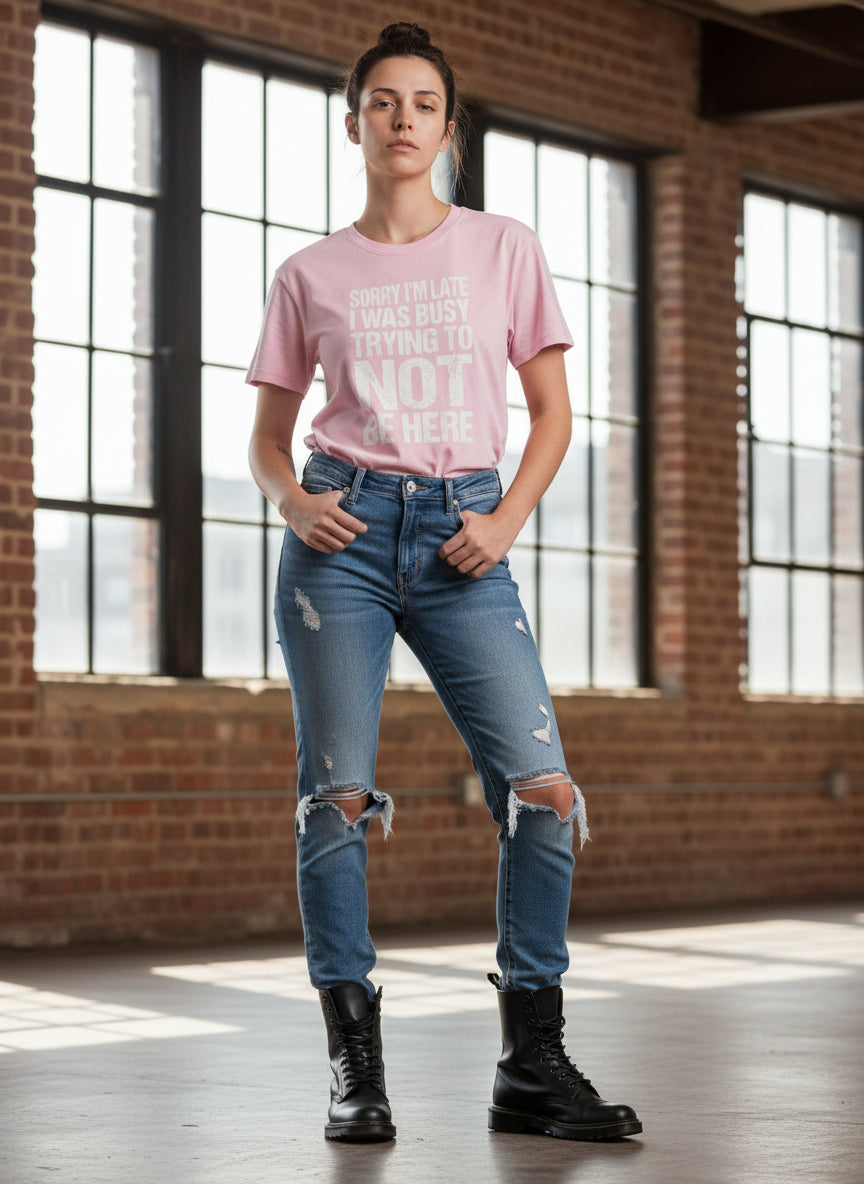 Women's Graphic T-Shirt - "Sorry I'm Late" | Tee Noodle