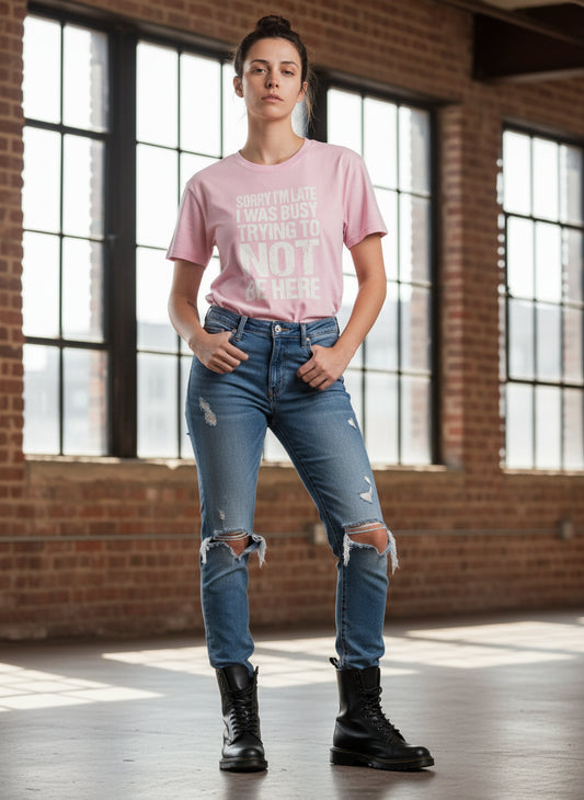 Women's Graphic T-Shirt - "Sorry I'm Late" | Tee Noodle