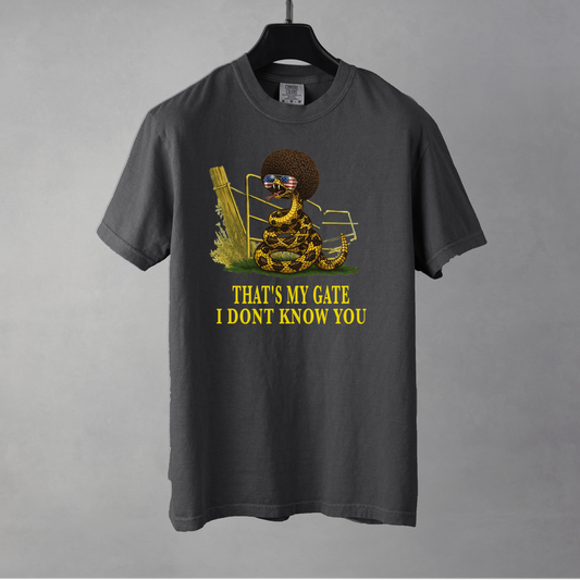 A pepper colored graphic t-shirt, resting on a black hanger, featuring a coiled rattlesnake, in front of a broken gate, with a large brown afro and flag-mirrored sunglasses above yellow text that reads "THAT'S MY GATE I DONT KNOW YOU."