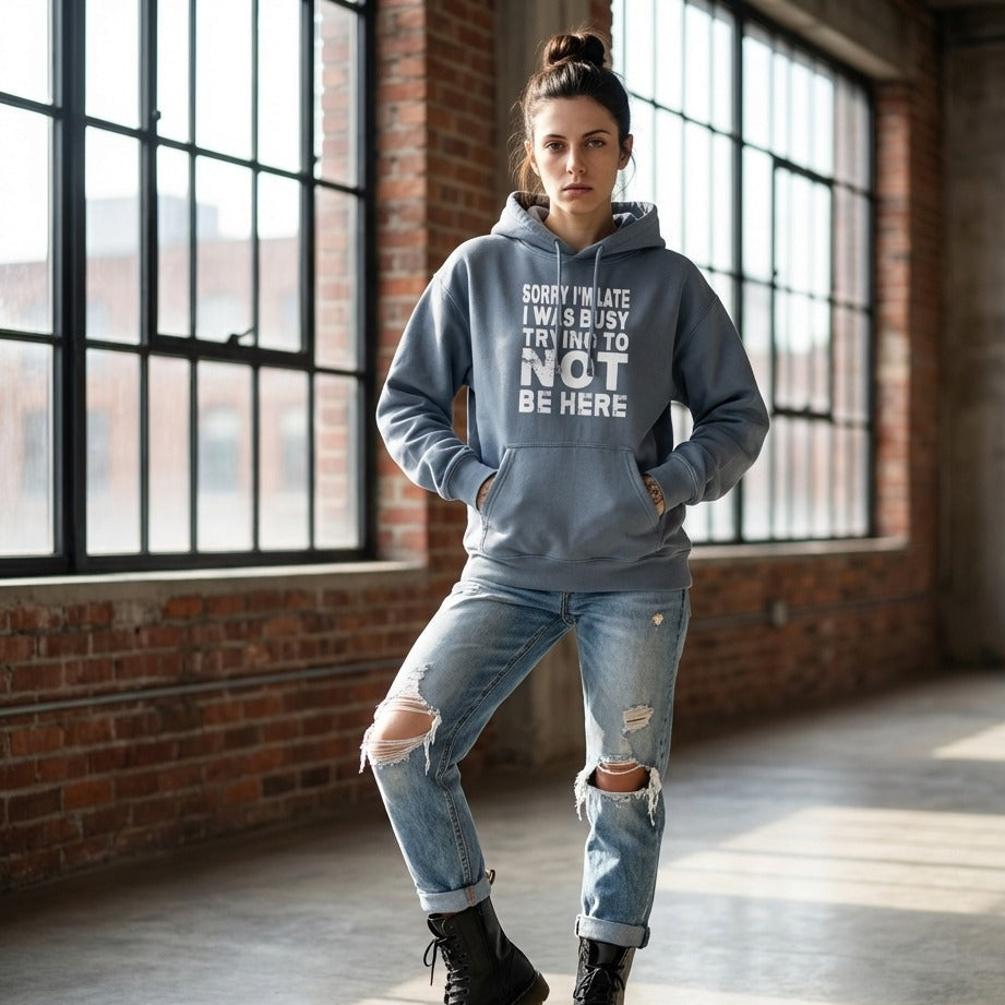 Women's Graphic Hoodie - "Sorry I'm Late" | Tee Noodle