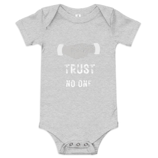 A athletic baby one-piece featuring the slogan 'Trust No One' in bold, distressed typography.