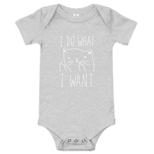An athletic heather short sleeve baby one piece showing a cartoon line drawing of a cat holding its forepaws up, giving a middle finger gesture, on the front with text the reads: "I DO WHAT I WANT"