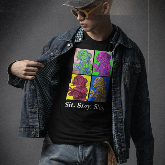 A man wearing blue jeans and a denim jacket over a small-checked blue and green shirt. He is holding open the jacket on his right side to reveal a black colored  men's t-shirt with a four-panel pop-art graphic of the tactical Chihuahua meme, with the text 'Sit. Stay. Slay' underneath as a tribute to the New Order album 'Technique' pop art style cover art. He wearing a denim baseball cap and round tortoise shell sunglass as he looks down and to his right. 