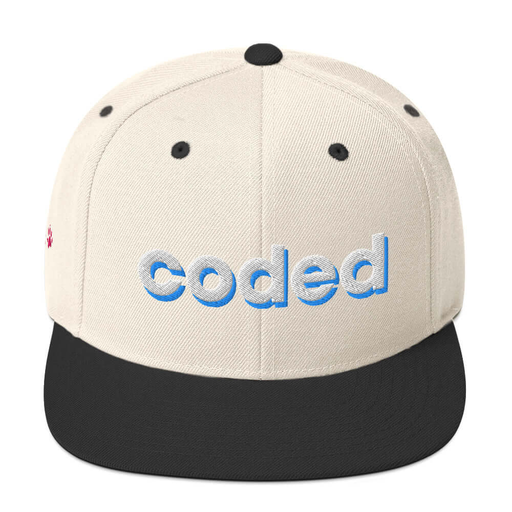 White Snapback Hat With Black Brim. On the front of the hat the word Coded is embroidered in white with an aqua blue accent.