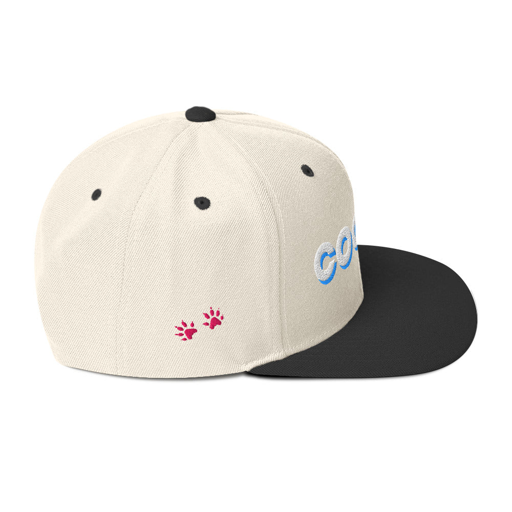 Right side veiw of a White Snapback Hat With Black Brim. On the front of the hat the word Coded is embroidered in white with an aqua blue accent. On the side are two paw prints in fuscia