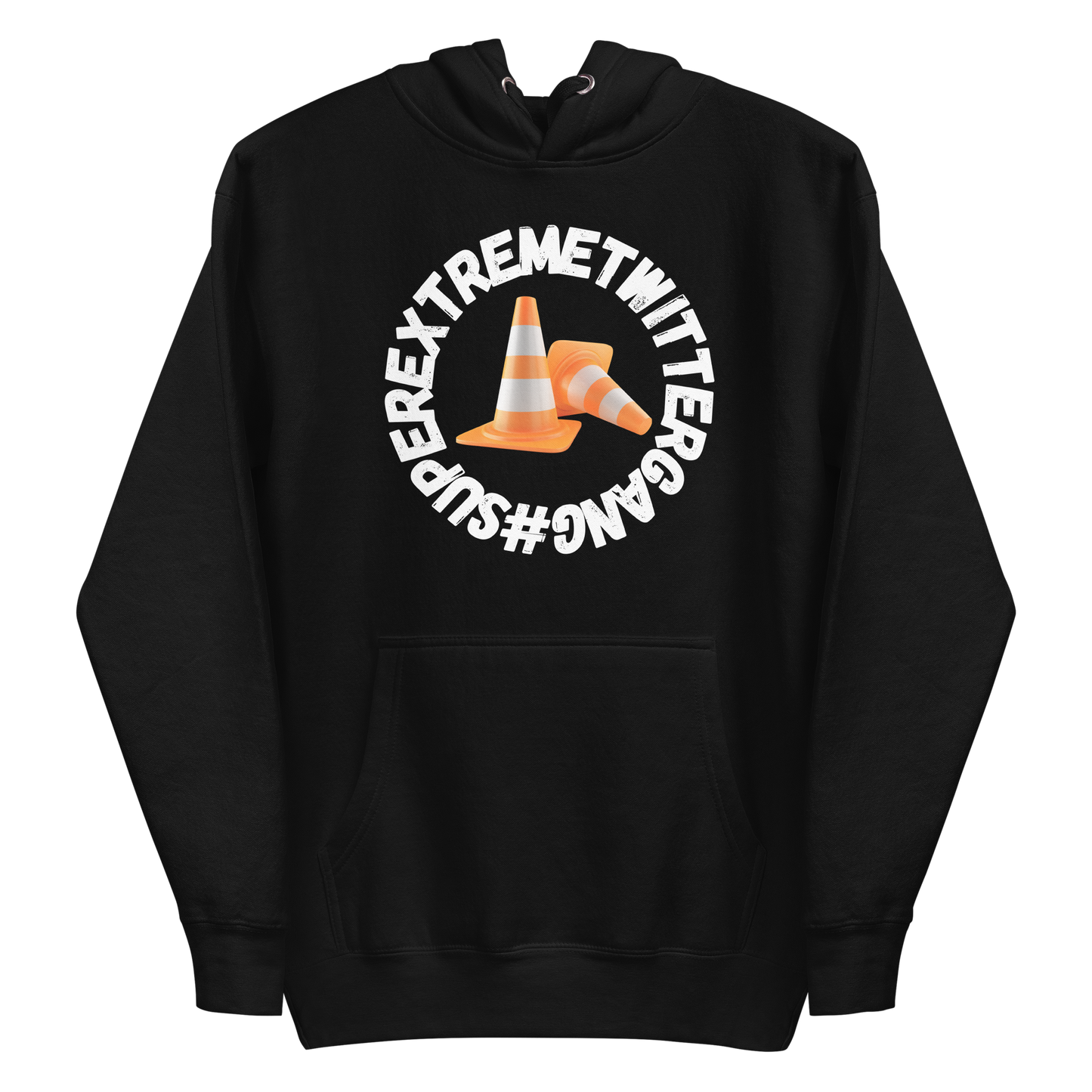 A black men's hoodie featuring the ConeSec logo: the text '#SUPEREXTREMETWITTERGANG' surrounding two orange traffic cones.