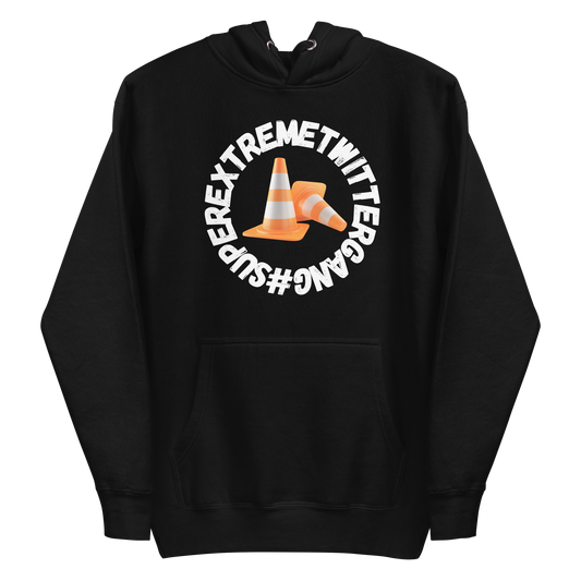 A black men's hoodie featuring the ConeSec logo: the text '#SUPEREXTREMETWITTERGANG' surrounding two orange traffic cones.