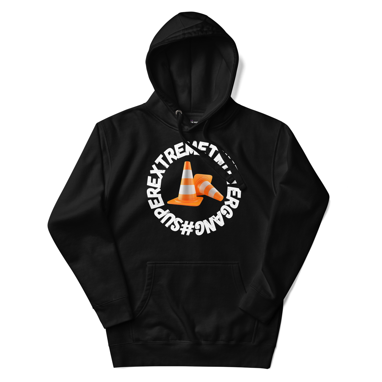 A black women's hoodie featuring the ConeSec logo: the text '#SUPEREXTREMETWITTERGANG' surrounding two orange traffic cones.