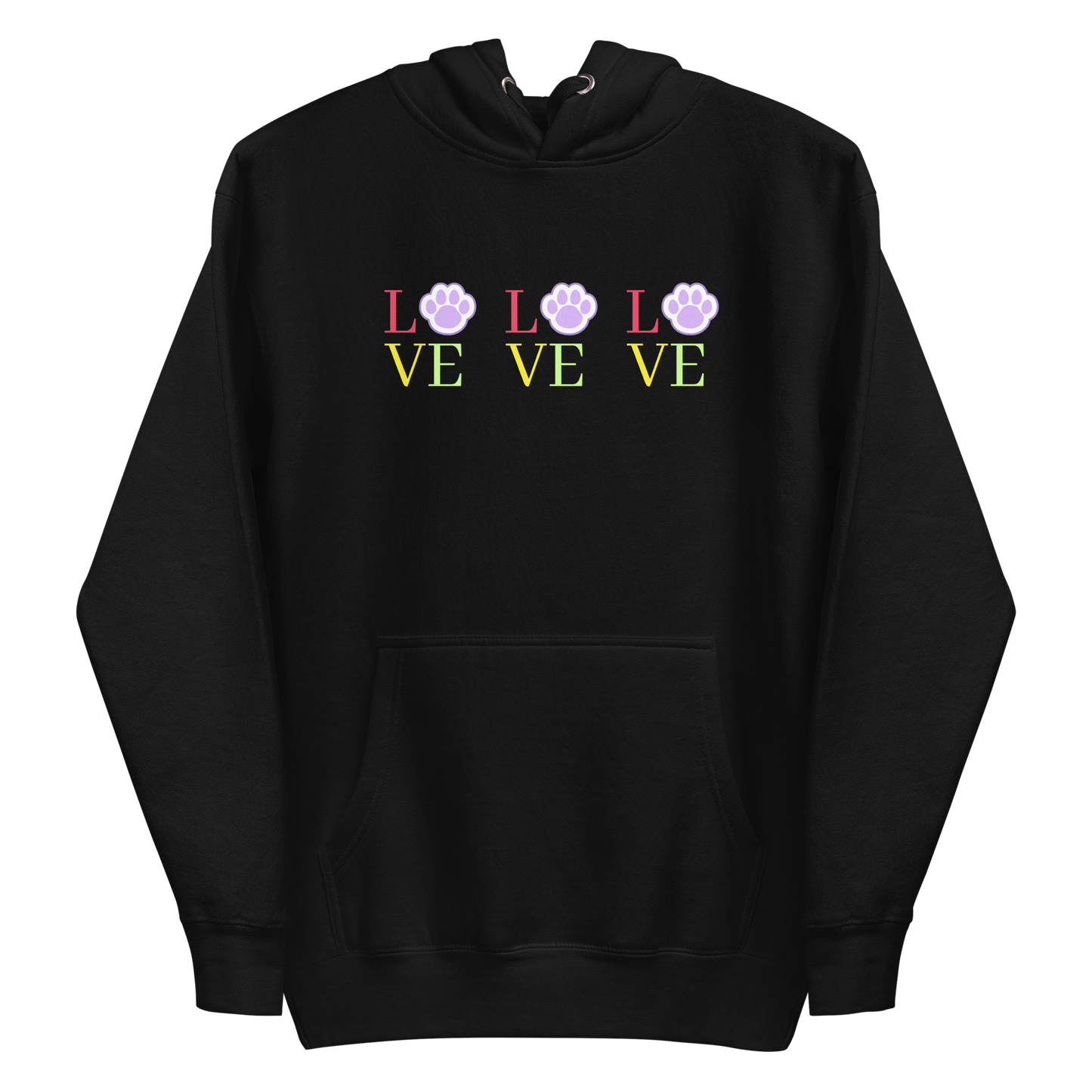 A black premium hoodie featuring the word 'LOVE' repeated three times across the chest in pastel colors. In each word, the letter 'O' is replaced by a paw print.