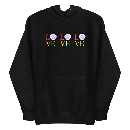 A black premium hoodie featuring the word 'LOVE' repeated three times across the chest in pastel colors. In each word, the letter 'O' is replaced by a paw print.