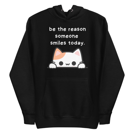 A black men's premium hoodie featuring a graphic of a cute white and orange & white cat peeking over a ledge. Above the cat is the text 'be the reason someone smiles today'.