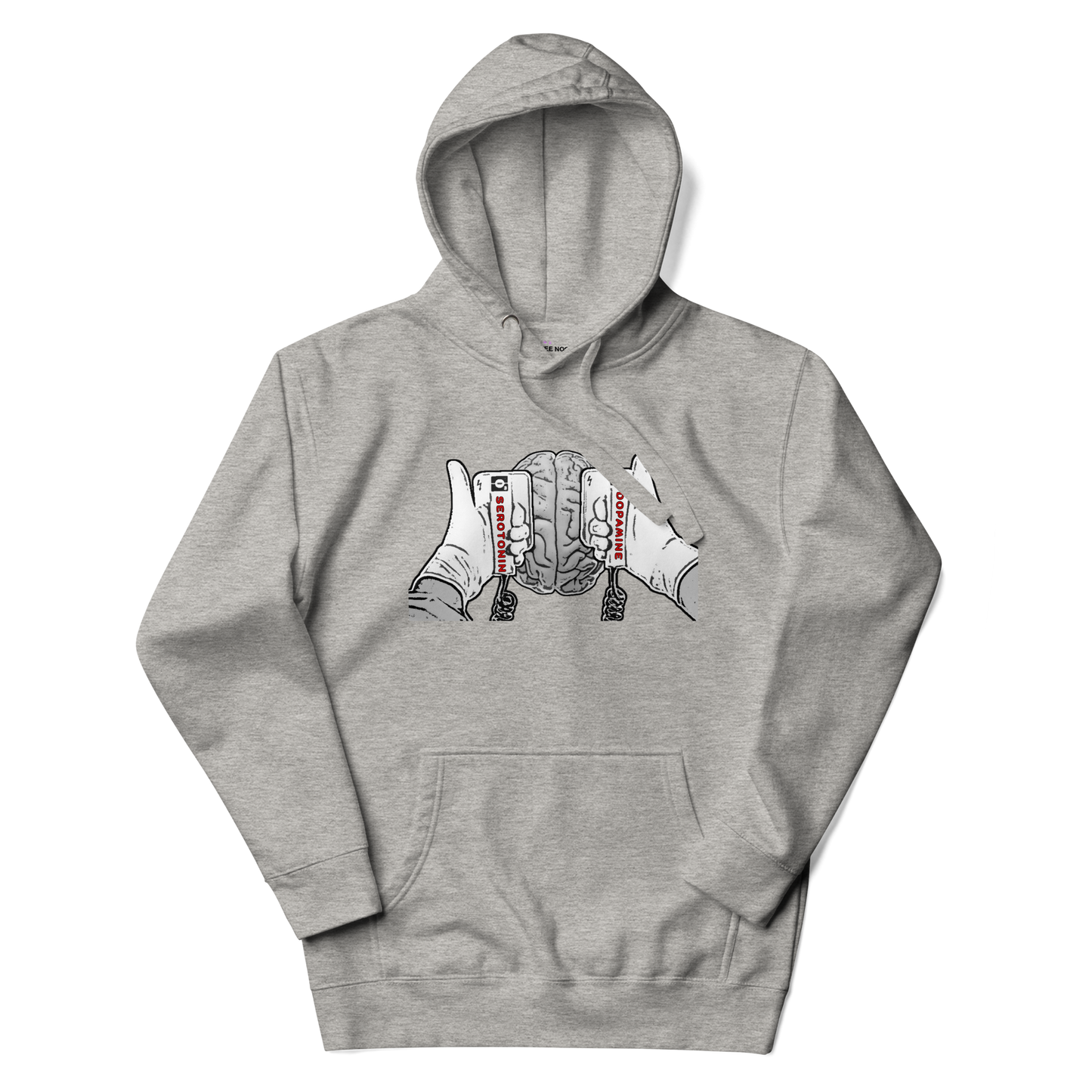 A carbon grey men's hoodie with a graphic illustration of a mind being energized by two paddles labeled Serotonin and Dopamine.