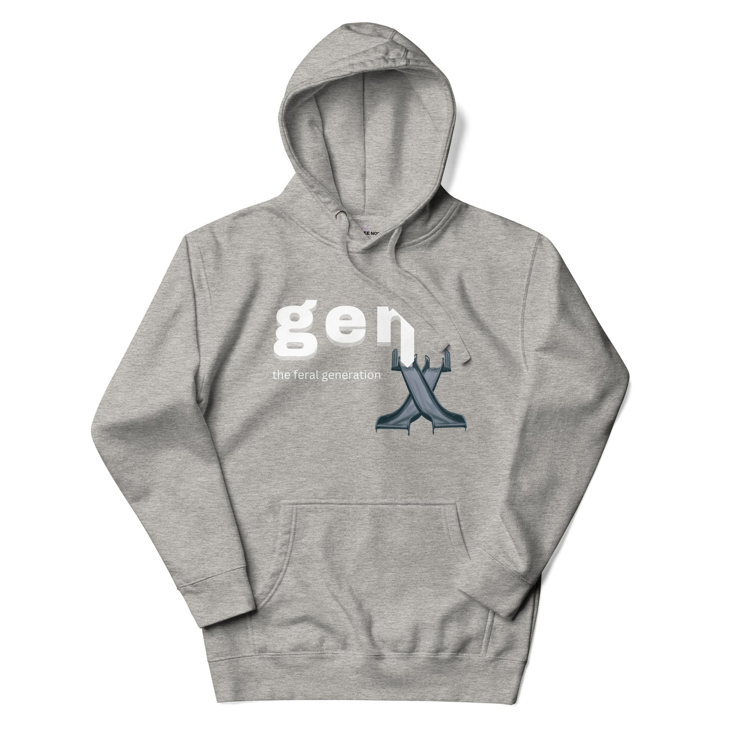 A carbon grey women's hoodie featuring the text 'GenX The Feral Generation' and a stylized "X" graphic made from 70's style playground slides.