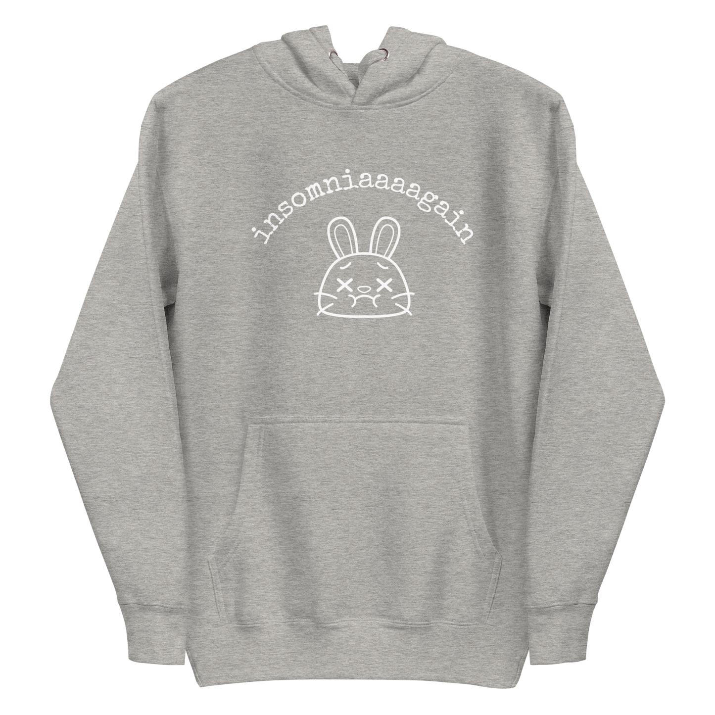 A carbon grey women's graphic hoodie featuring a cartoon bunny with tired eyes and the text 'insomniaaaa again'.