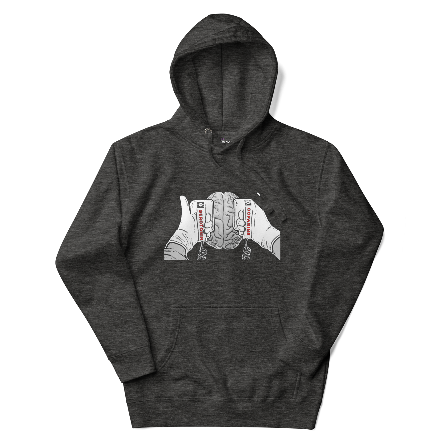 A charcoal heather women's hoodie with a graphic illustration of a mind being energized by two paddles labeled Serotonin and Dopamine.