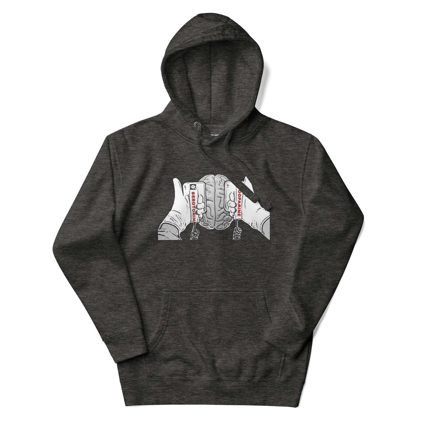 A charcoal heather men's hoodie with a graphic illustration of a mind being energized by two paddles labeled Serotonin and Dopamine.