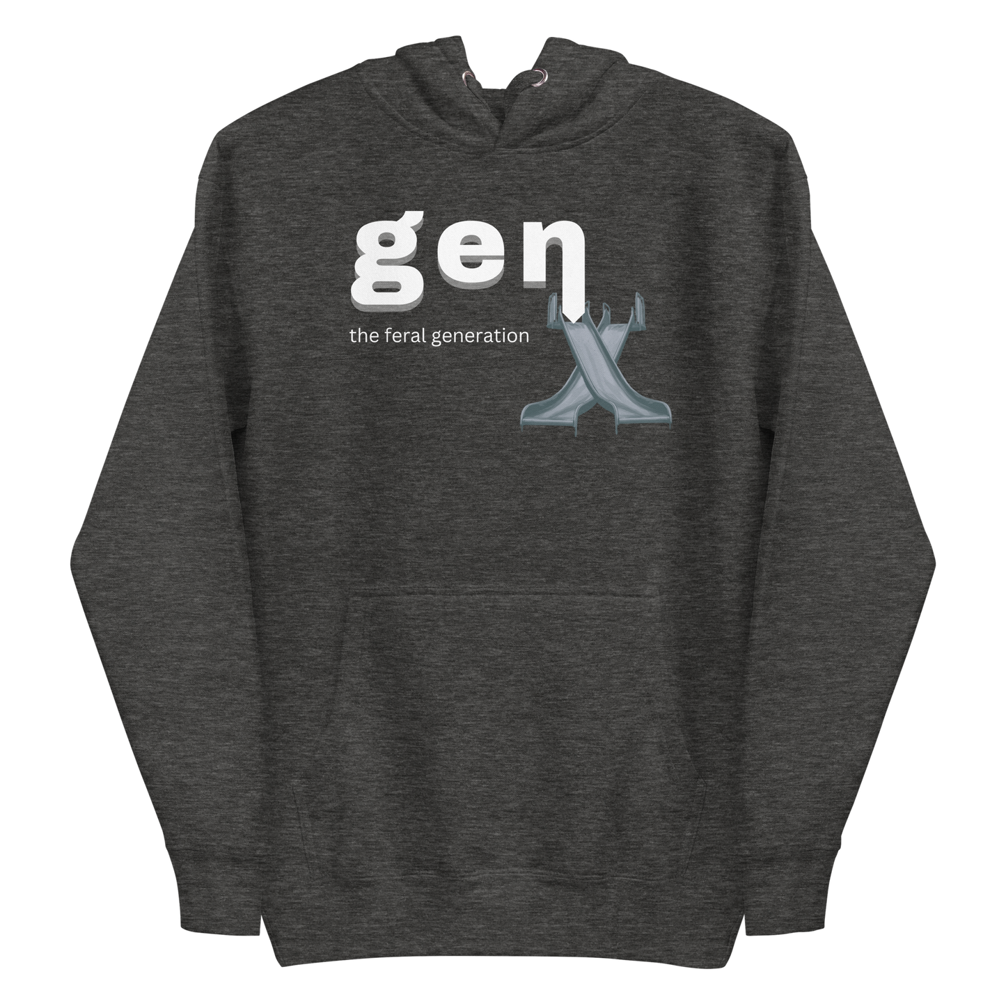 A charcoal heather men's hoodie featuring the text 'GenX The Feral Generation' and a stylized "X" graphic made from 70's style playground slides.
