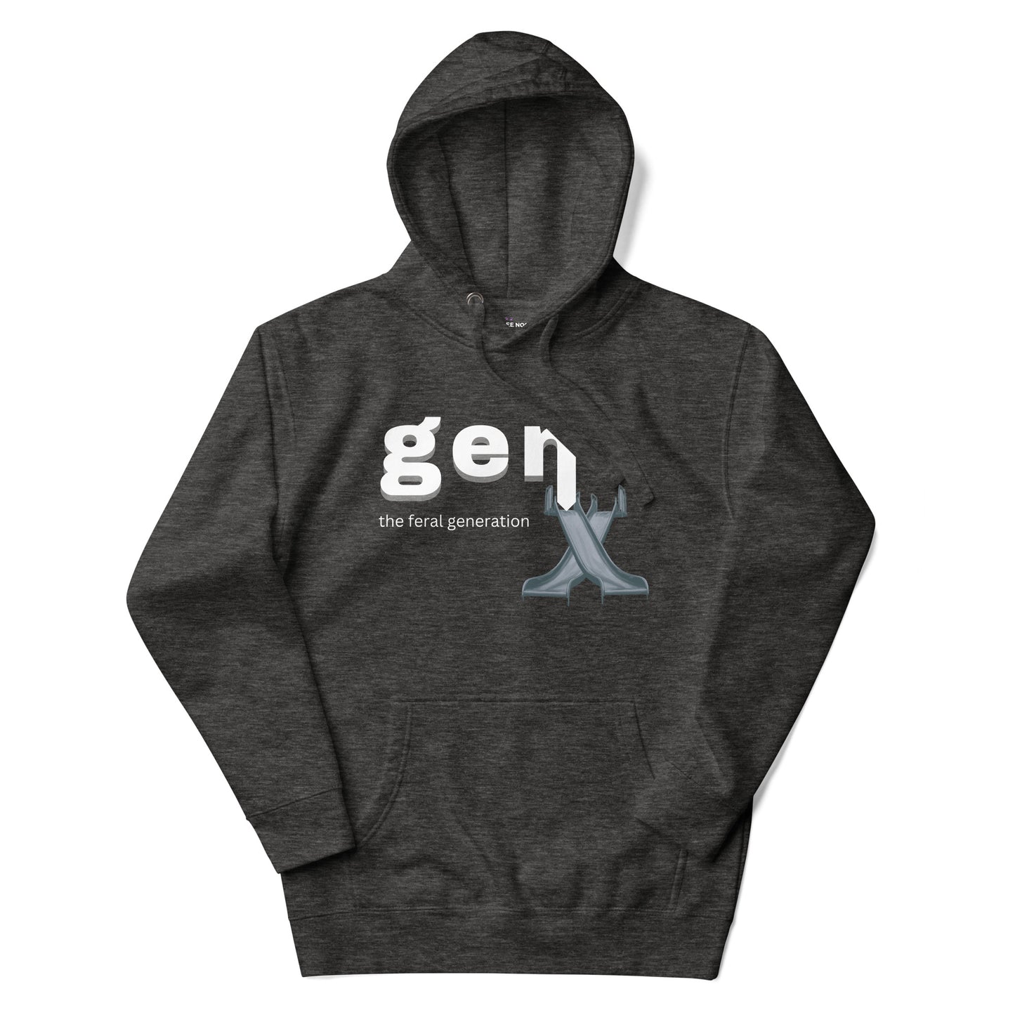 A charcoal heather women's hoodie featuring the text 'GenX The Feral Generation' and a stylized "X" graphic made from 70's style playground slides.