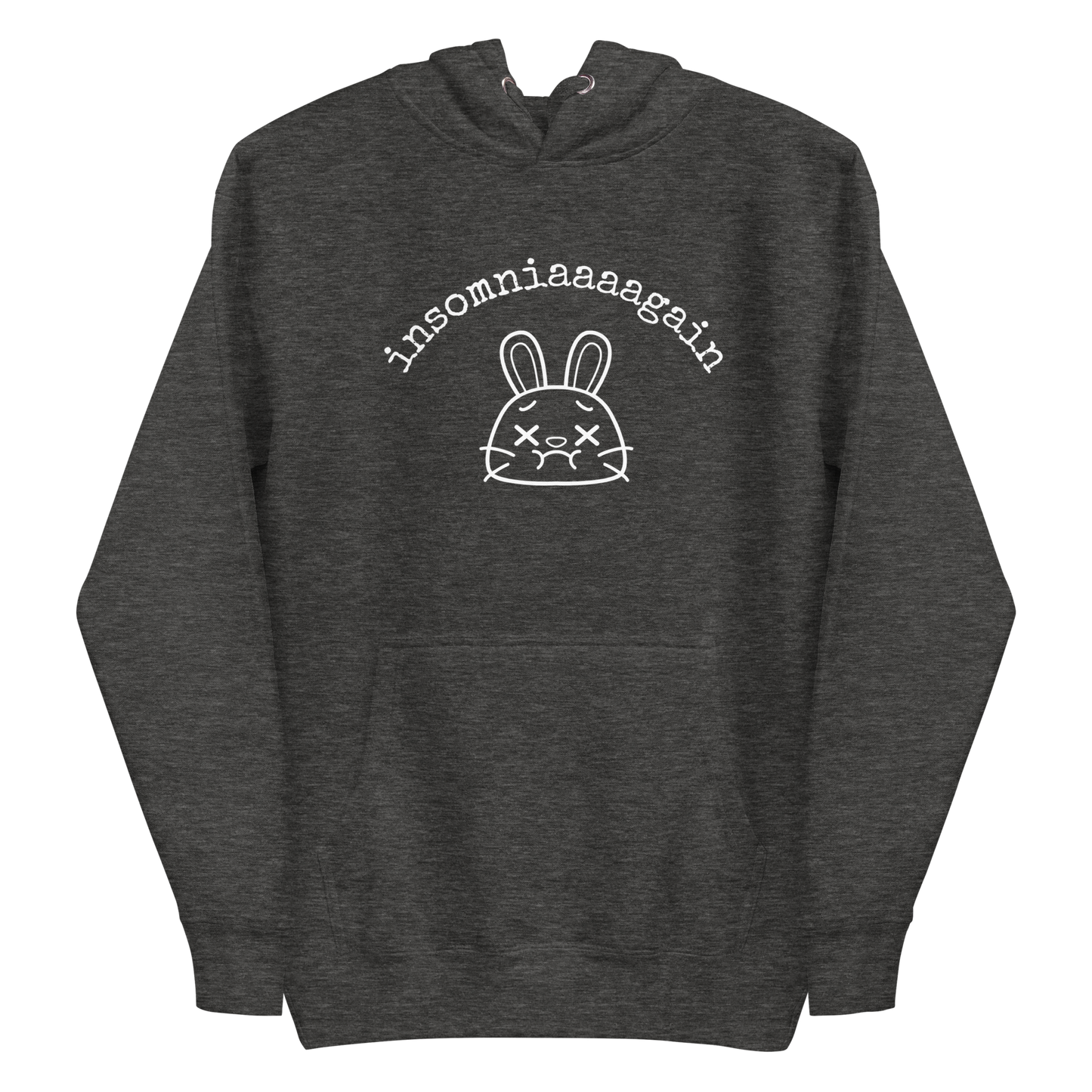 A charcoal heather women's graphic hoodie featuring a cartoon bunny with tired eyes and the text 'insomniaaaa again'.