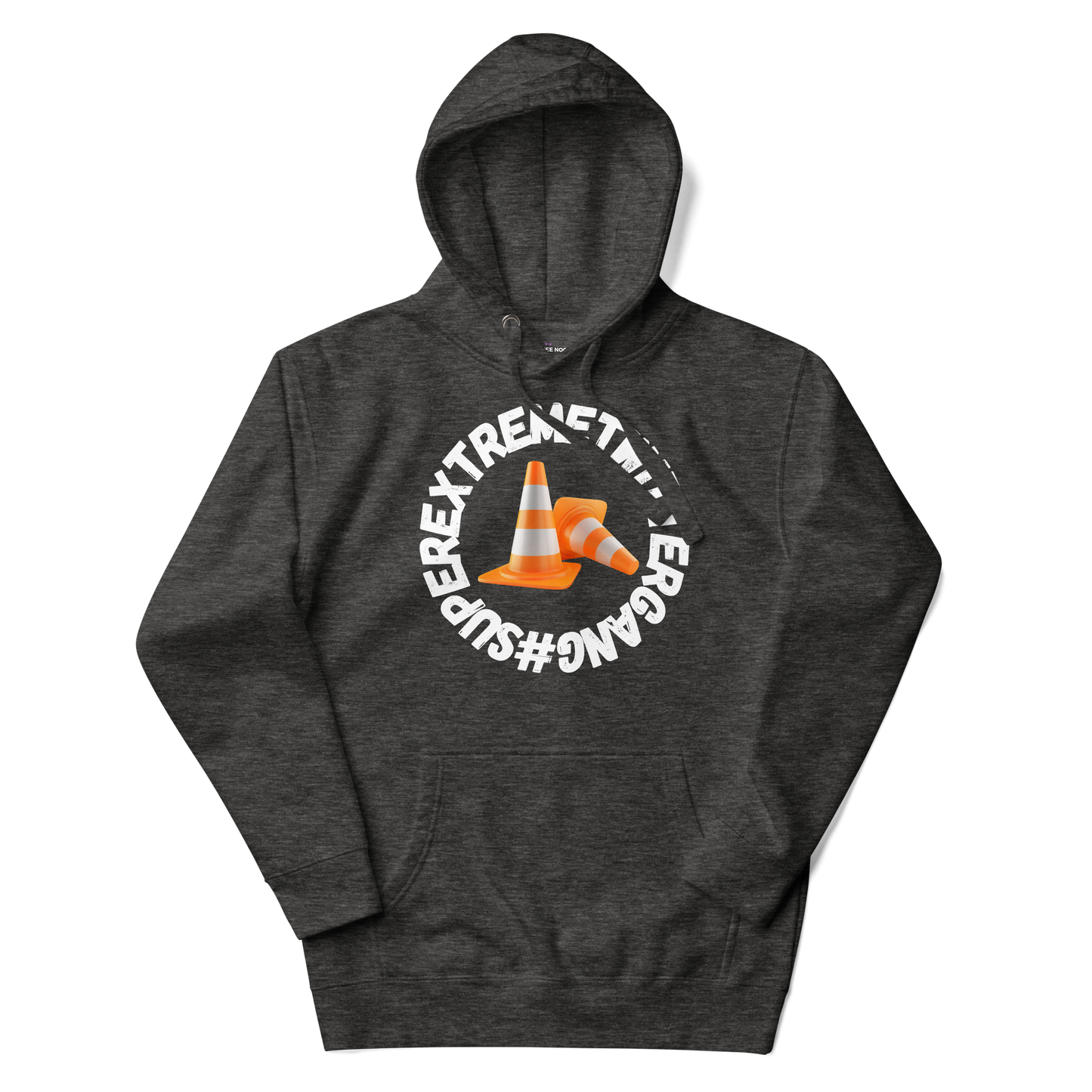 A charcoal heather women's hoodie featuring the ConeSec logo: the text '#SUPEREXTREMETWITTERGANG' surrounding two orange traffic cones.