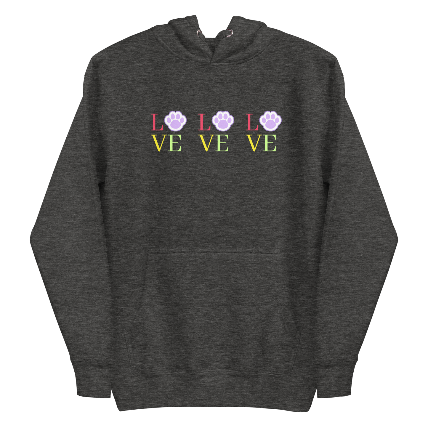 A charcoal heather premium hoodie featuring the word 'LOVE' repeated three times across the chest in pastel colors. In each word, the letter 'O' is replaced by a paw print.